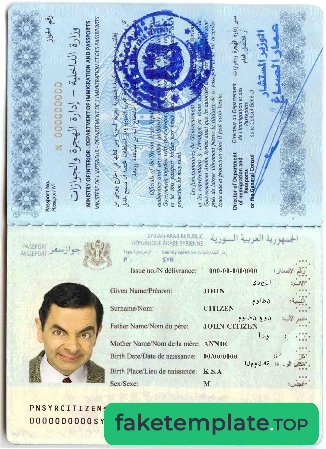 Feature of fake Syria passport example